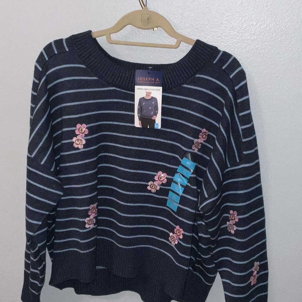 Joseph A Navy and White Striped Sweater with Pink Floral Details